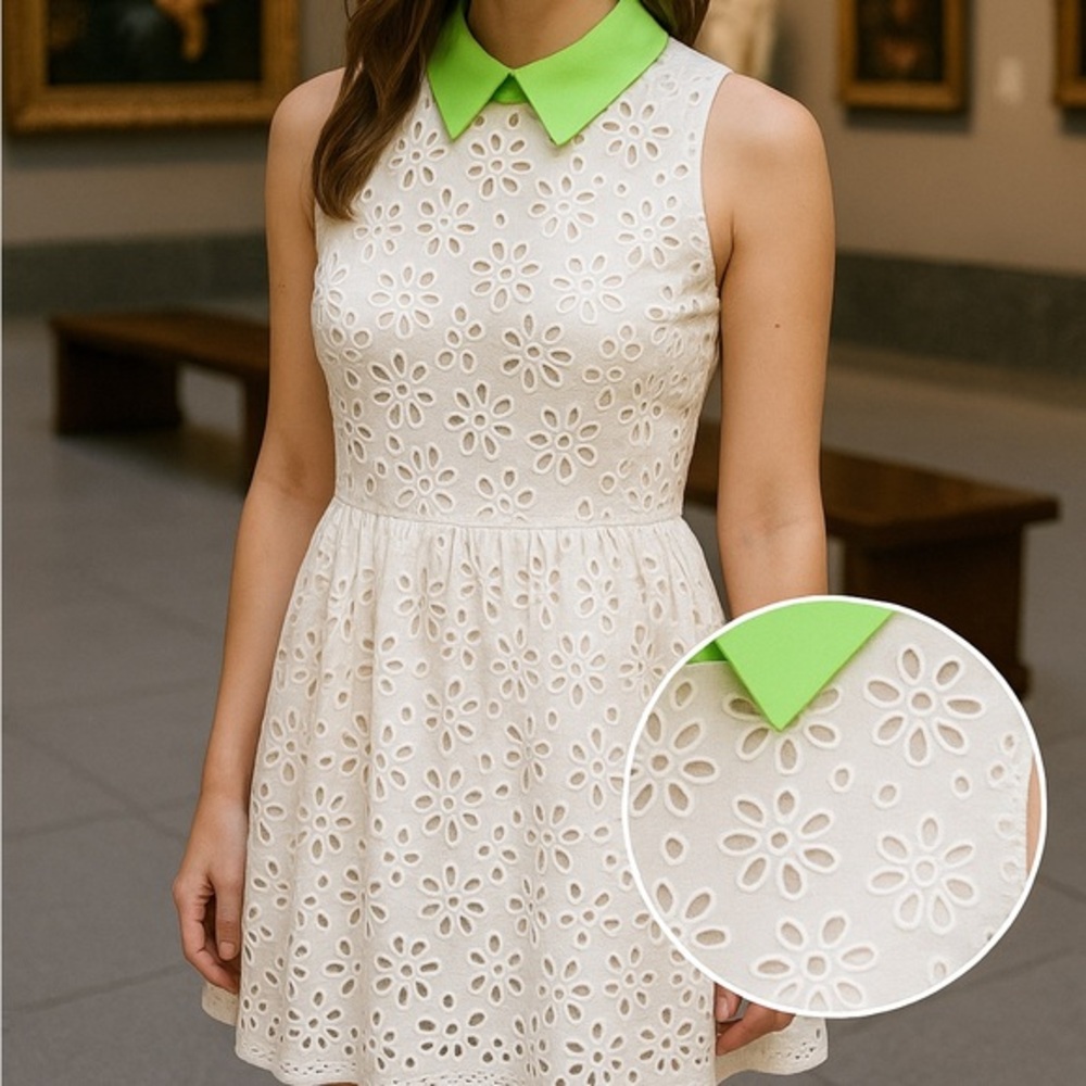 Alternative Apparel white eyelet dress with lime green collar, Sz. M